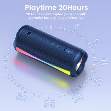 Портативна Bluetooth колонка 5.4 з RGB підсвіткою, водонепроникна IP7, чорний (Deep Blue). Гучний бас, 20 год автономії, гучний зв'язок. Для спорту та відпочинку.