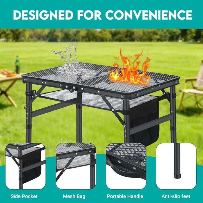Складний кемпінговий стіл для пікніка, грилю, саду, пляжу 60x40x26.5/41.5/67.5 см, регульована висота, чорний