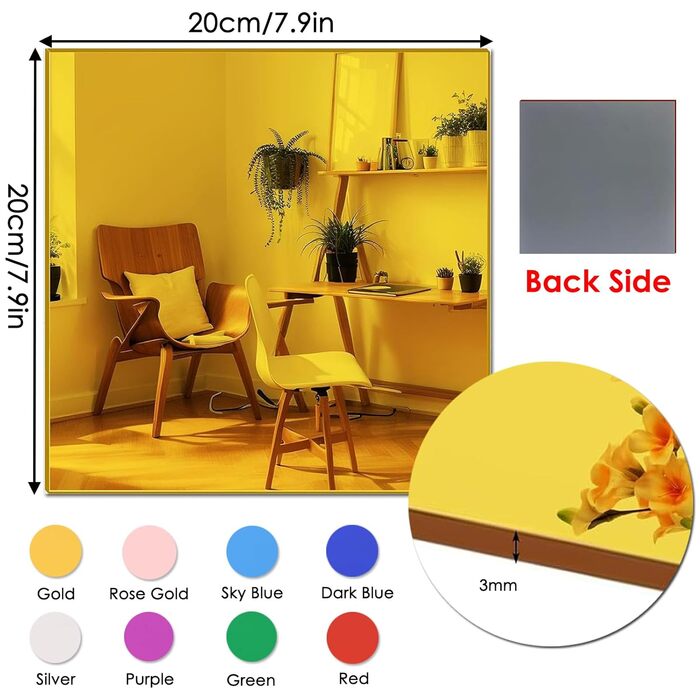 Акрилові дзеркала та пластини, 3 мм, кольорові, 20x20 см, 8 шт. для рукоділля, декору та DIY проєктів