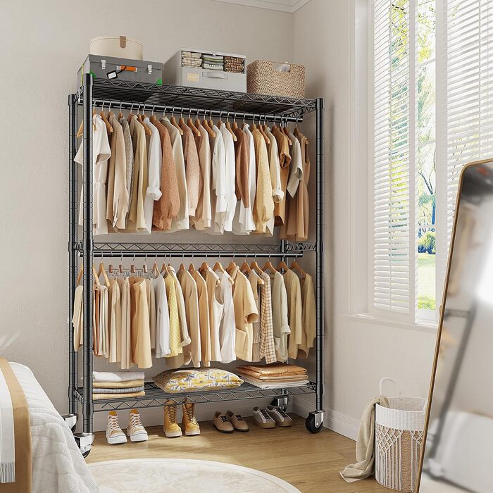 Вішалка для одягу на коліщатках 90x40x200 см, вантажопідйомність 150 кг, 2 висувні штанги, регульована полиця, великий об'єм для зберігання одягу, стабільна та мобільна