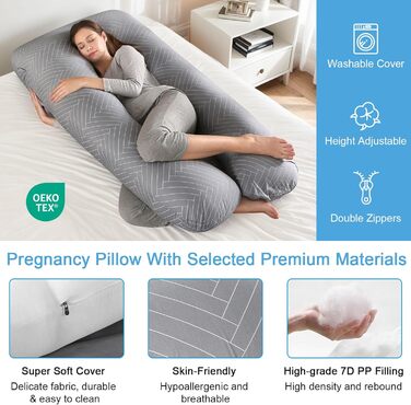Тілоподушка SHANNA для сну на боці, U-подібна, вагітним, знімний чохол, 70 x 145 см (Сірий смугастий)