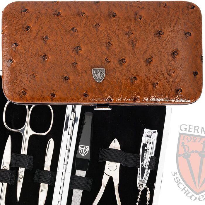 Набір для манікюру DREI SCHWERTER 'Sanremo' - Німецька якість | Преміум-набір для манікюру в чорному еко-шкіряному етиуі | Вміст: ножиці для нігтів, ножиці для кутикули, щипчики для нігтів, пінцет, напільничок з сапфіру та інше! (Імітація букета - Когняк)