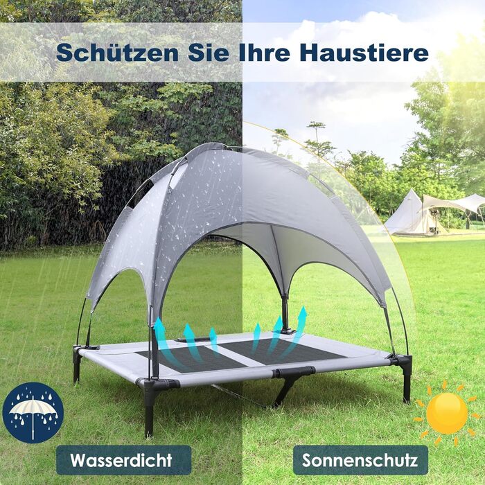 Підвищене ліжко для собак з балдахіном, ліжко для домашніх тварин Outdoor для кемпінгу, пляжу. Ліжко для собак з водонепроникним дахом, диван для собак з дихаючою сіткою. Розмір XL - 122 x 92 x 102 см (L-92 x 76 x 92 см)