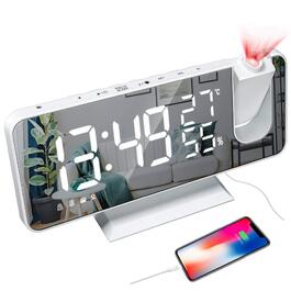Цифровий LED-будильник-проектор з дзеркальною поверхнею, FM-радіо, USB-портом, гігрометром та термометром, білий