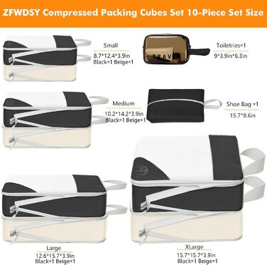 Набір кубиків для пакування 10 шт. Компресійні органайзери для валізи. Кольори: бежевий + чорний. Організація багажу в подорожі, розширені кишені для одягу