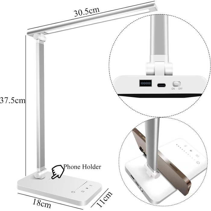 LED настільна лампа з димуванням, 5 рівнів яскравості, 5 кольорів, USB, таймер, сенсорне управління, пам'ять, для дітей, дівчаток