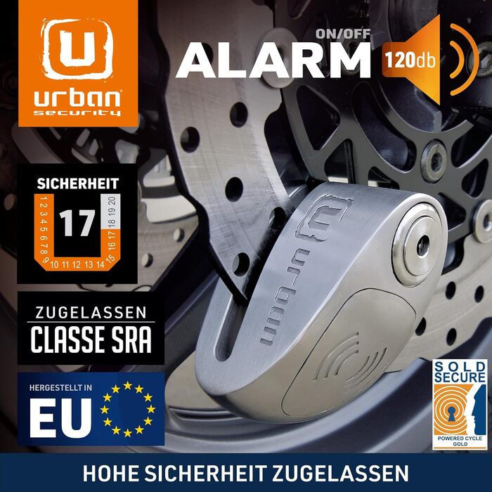 Замок на гальмівний диск URBAN UR910S з сигналізацією 120 дБ, нагадувальний кабель 140 см, подвійне блокування 10 мм, сертифікат SRA, нержавіюча сталь для мотоцикла
