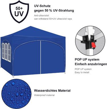 WOLTU Gazebo, Folding Gazebo 3x3 m, with 4 Side Walls, Party Tent Water-Resistant UV Protection 50+, Adjustable Height Garden Gazebo, with Carry Bag, for Outdoor Garden Camping (Blue)