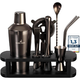 BARMINGO Stainless Steel Cocktail Set - 11 Piece Bar Set with Shaker, Stand & Accessories | Cocktail Shaker Set | Bartender Set | Cocktail Mixing Set | Bar Set | Gift Set | Black Metallic Black
