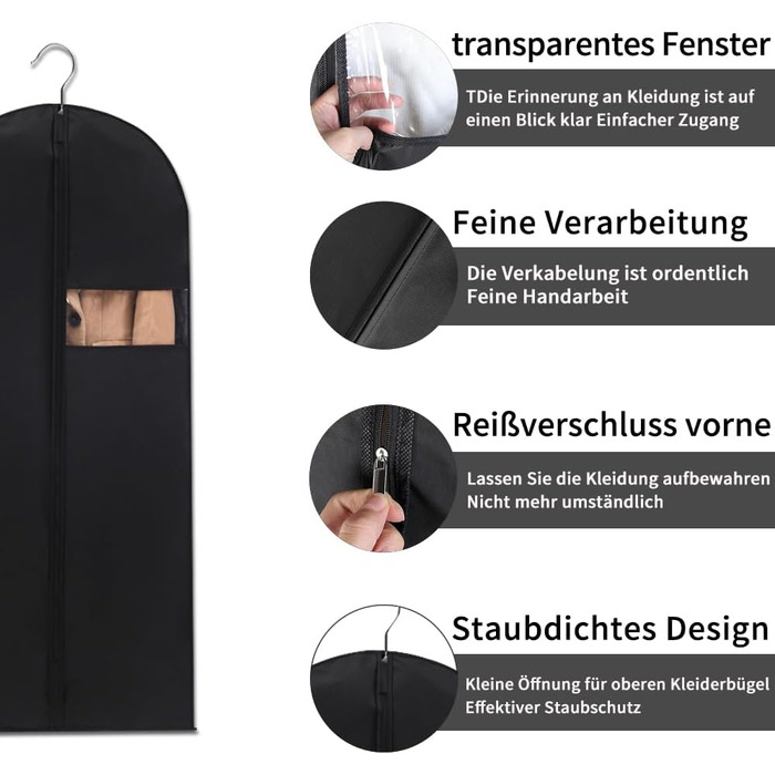 Чохли для одягу 4 шт. Чорні, 60 x 120 см, для зберігання та подорожей, з блискавкою, захист від пилу та молі