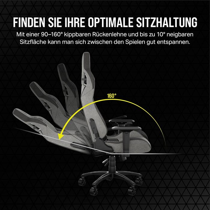 Ігрове крісло Corsair T3 RUSH Fabric 2023, автомобільний стиль, тканинне покриття, подушка для шиї, ортопедична підтримка попереку, сіре та антрацитове