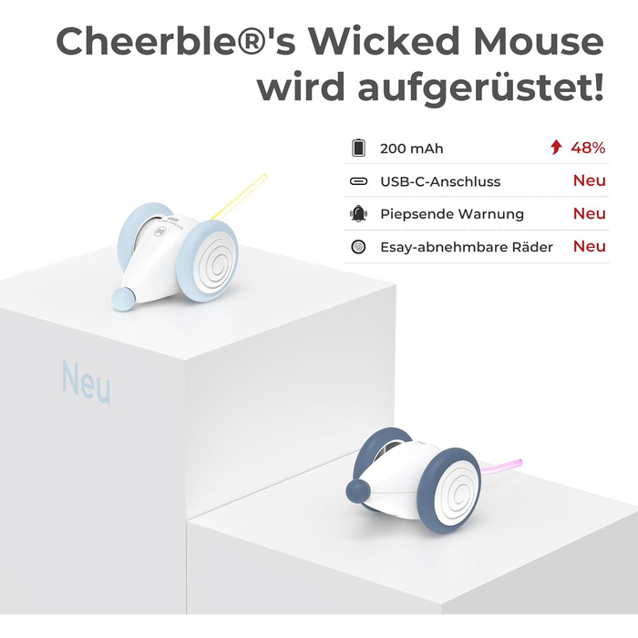 Cheerble інтерактивна іграшка для котів, електрична миша з LED-підсвіткою, автоматична, USB-зарядка, для домашніх котів, подарунок для кошенят (синя)