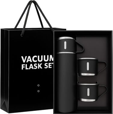 Термофляга 500 мл з нержавіючої сталі – 2 чашки з ручкою – без витоку, BPA-free – з щіткою для чищення – колір: чорний