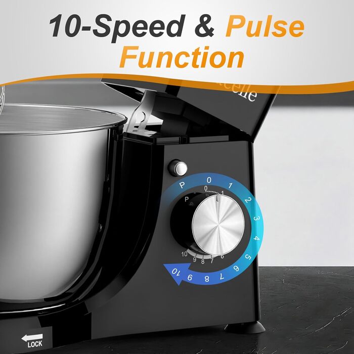 Планетарний кухонний комбайн-міксер 1300W, чаша з нержавіючої сталі 5.5л, 10 швидкостей, з насадками (гак, вінчик, міксер) та захистом від бризок, чорний