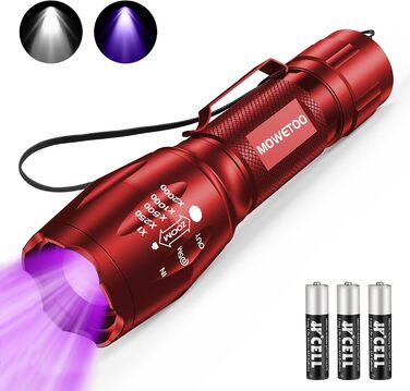 Ліхтар UV 2-в-1, 395нм, детектор фальшивих грошей та сечі тварин, 4 режими, 40W (червоний), з 3 AAA батарейками