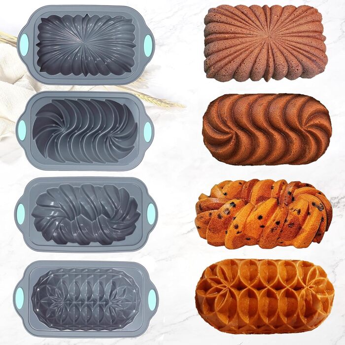 Tongude 45-Piece Silicone Baking Mold Set, 4-Cup Silicone Baking Pan for Baking Bread, Ribbed Cupcake, Non-Stick Kitchen Baking Molds, with Measuring Cup and Spoon Set, gray