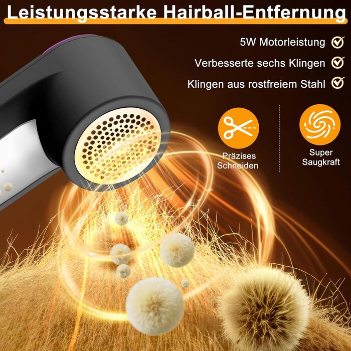 Електричний видалення ворсу Fusselrasierer: перезаряджуваний, 6 лез, USB-C, LED, 3 швидкості, великий збірник ворсу, захисний замок