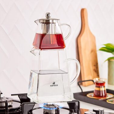 Karaca Dora Teapot, 4.5 L Teapot, 1.8 L Kettle, suitable for gas and electric cooktops, Teapot, Turkish teapot (cezve), and Teapot Set, Teapot (not induction compatible), (M, Giza Glass)