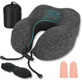 Подушка для шиї з Memory Foam, підтримка голови, набір для подорожей: маска для сну, навушники, чохол, м'яка подушка для сну в авто, літаку, офісі та вдома (Сірий)