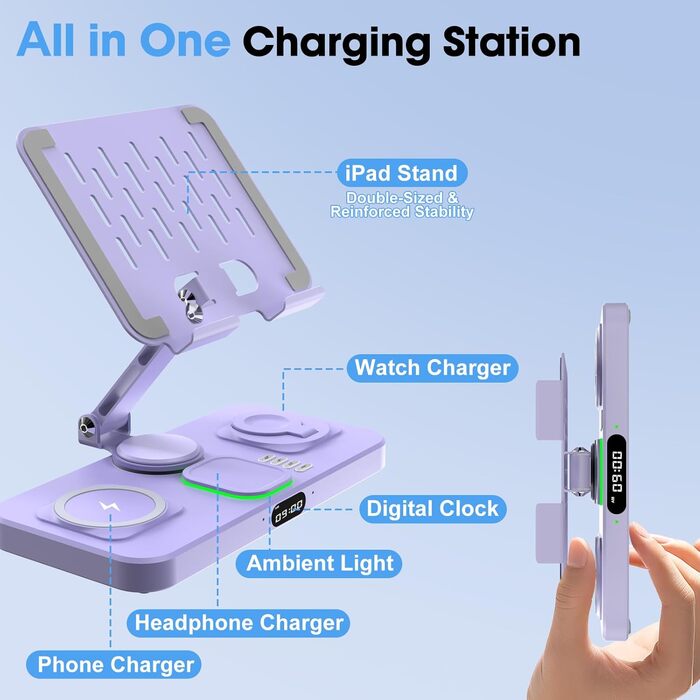Багатофункціональна бездротова зарядка 6-в-1 для Apple: iPhone, iPad, Apple Watch (фіолетовий) з підсвіткою та регульованим підсвіткою