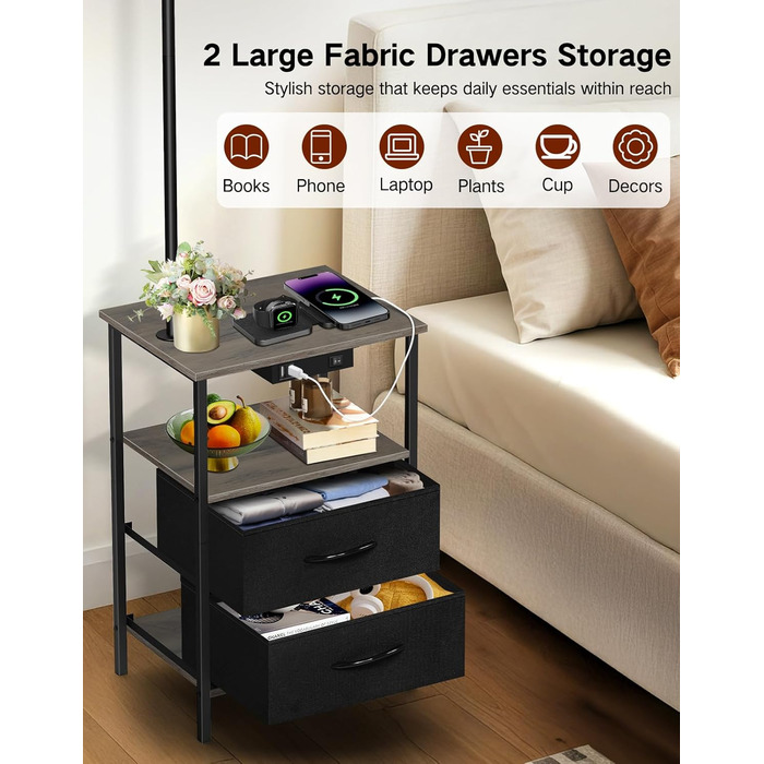 Стельова лампа для вітальні з поличкою та столиком, регульована LED, з пультом, 3 колірні температури, приліжний столик з підзарядкою та полицею, дерев'яний столик для спальні/офісу (сірий з шухлядами)