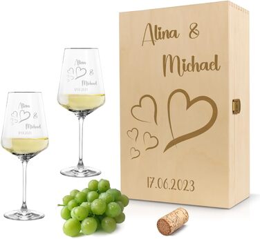 Leonardo Wine Glasses Set of 2 with Wooden Box and Engraving for Him & Her. Only Love Matters. Personalized with Name & Date. Heart-Shaped Glass Leonardo Puccini 560ml