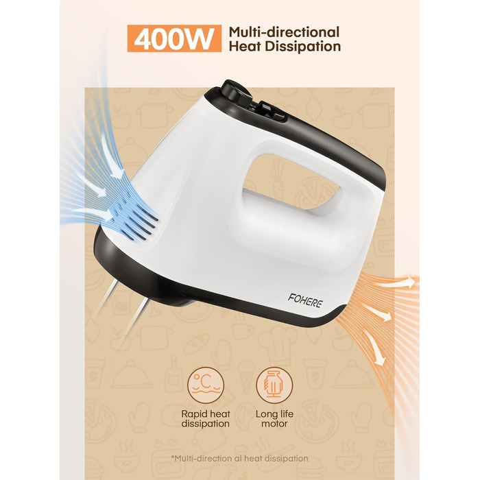 Електричний ручний міксер 400 Вт з 6 швидкостями та Turbo Boost, з набором аксесуарів, нержавіюча сталь, білий