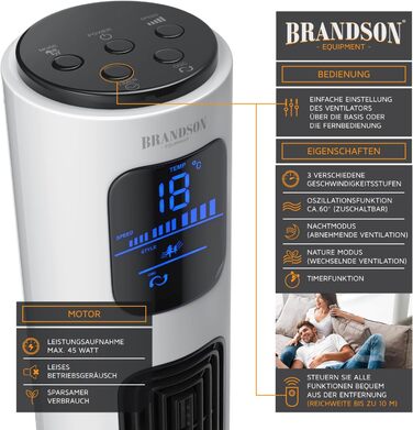 Вентилятор підлоговий Brandson з пультом керування 96 см, тихий, мобільний, з осциляцією, 3 швидкості, 3 режими, таймер, сертифікат GS, сірий колір (B: перламутровий білий)