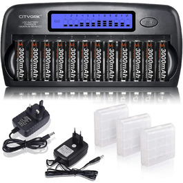 Зарядний пристрій CITYORK 12 Bay LCD з інтелектуальним захистом IC для AA/AAA NI-MH/NI-аккумуляторів, з адаптером та комплектом AA-аккумуляторів