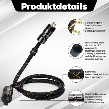 Hi-Fi мережевий кабель живлення 10AWG з феритним кільцем, безкисневий мідний кабель для аудіосистем High-End, 1.5м, чорний