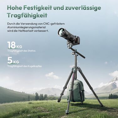 Штатив для камери ULANZI JJ05 GlideGo 184 см з карбону, складаний, з поворотним центральним стовпом, легкий, для DSLR, 360° кульковий голівкою, швидка пластина, вантажопідйомність 18 кг