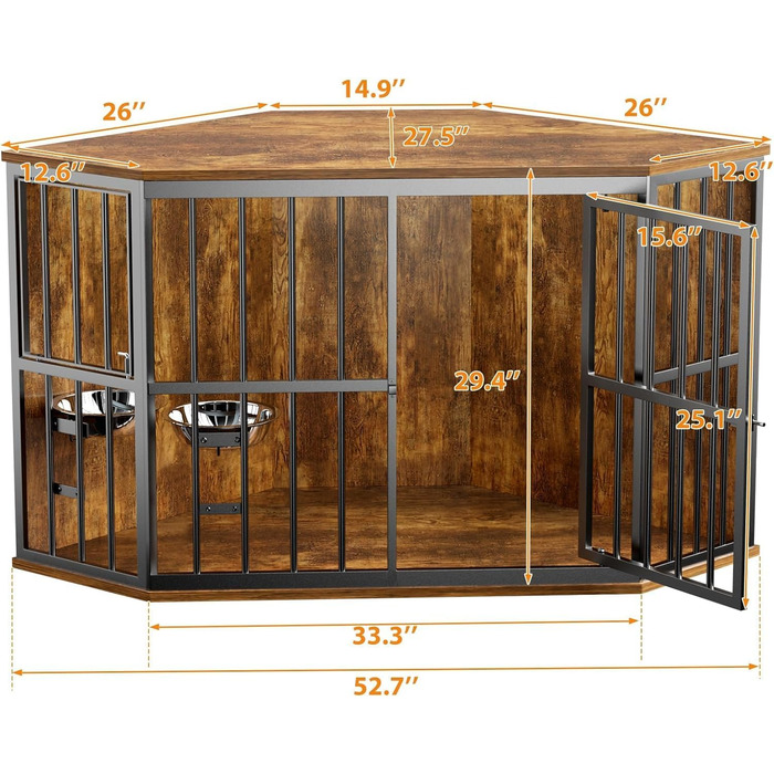 ROOMTEC Клітка для собак кутова, дерев'яна, з мискою, 106,7 см. Підходить для обмеженого простору, внутрішня переноска для тварин