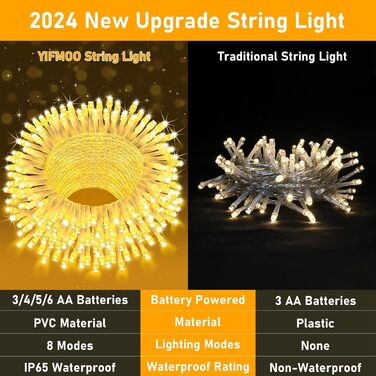 Ланцюжок прикрас для дому та саду на батарейках, 30м, 300 LED, з таймером, 8 режимів, тепле біле світло, вологостійкий, для декору кімнати, вечірки, балкону, ялинки