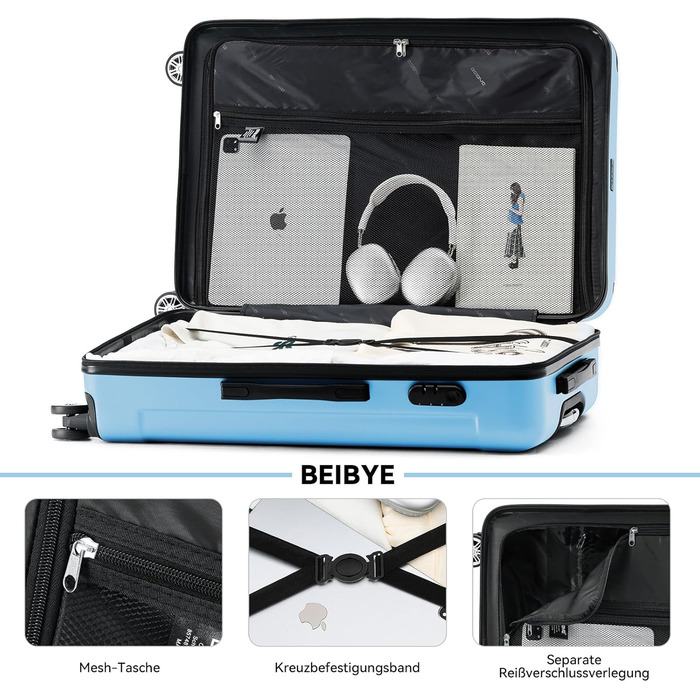 Чохол-валіза BEIBYE з кодовим замком та 4 колесами (Чорний, Гляційно-блакитний, Великий-76см)