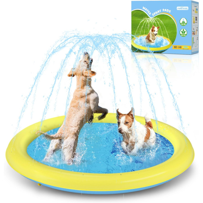 Nobleza Hundepool, D170 cm/67 in Splash Pool for Large & Small Dogs, 0.55mm Thickened Anti-Slip Sprinkler Mat Foldable Splash Pad for Summer, Garden, Outdoors (D1.4m, Yellow & Blue)