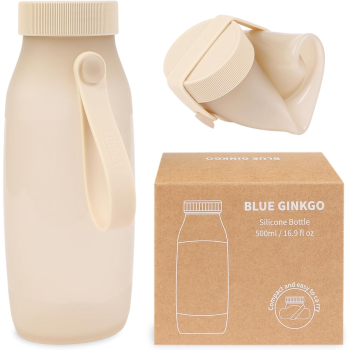 BLUE GINKGO Collapsible Water Bottles [2-Pack] – Lightweight, foldable silicone bottles for travel, hiking, and camping (500ml, Made in Korea, Beige) (500 ml, Sand Beige)