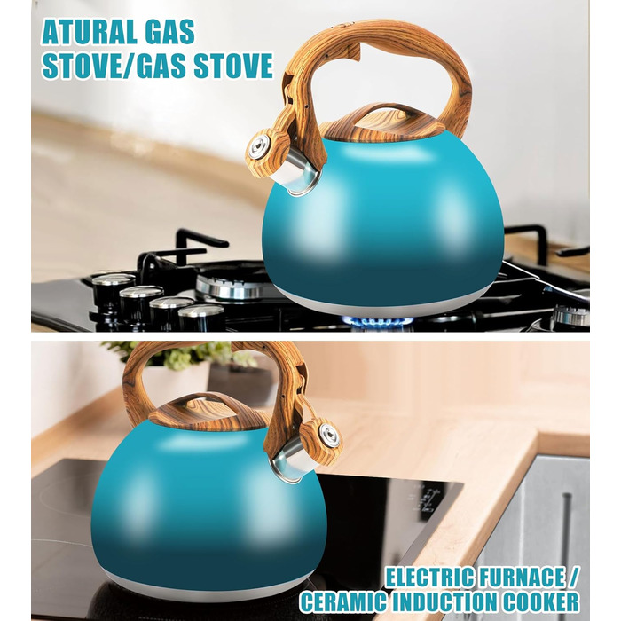 Чайник-свисток Foedo 3.2 л з нержавіючої сталі з дерев'яною текстурою, 3.2 л, для чаю, кави та молока, класичний дизайн, червоний (градієнт темно-зеленого кольору)