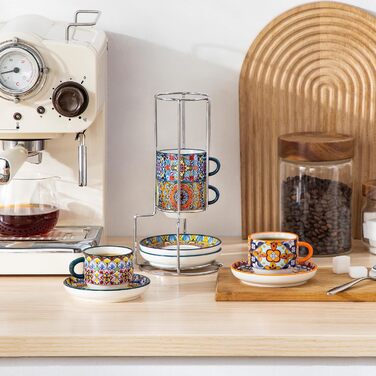 Набір чашок для еспресо Vancasso 4 шт., 150 мл SIMI, з підставками та стійкою, керамічні, для капучіно, еспресо, лате