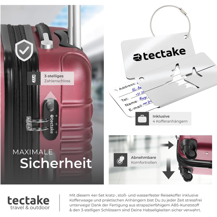 Набір валіз Tectake® 4 шт. з жорстким корпусом ABS, з колесами, телескопічною ручкою та замком, включаючи ваги та аксесуари для валіз. Розміри: S, M, L, XL (Бордовий)