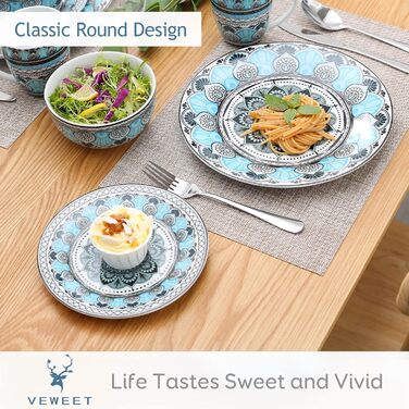 Набір посуду VEWEET на 4 особи, 16 предметів: порцеляновий сервіз з тарілками, мисками та чашками, сумісний з мийкою та мікрохвильовкою, серія Audrie