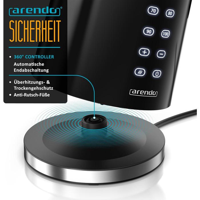 Електричний чайник Arendo з регулюванням температури, нержавіюча сталь, подвійні стінки Cool Touch, дисплей, бездротовий, 2200 Вт, 1,7 л, захист від перегріву, функція підтримання тепла, чорний