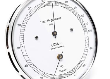 Fischer 111.01T - Hair Hygrometer & Thermometer - 103mm Outdoor Humidity Meter Made in Germany – Stainless Steel Silver