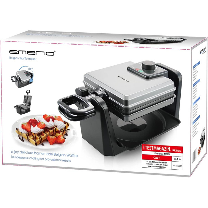 Вафельниця Emerio для приготування 4 бельгійських вафель одночасно з професійним обертанням, антипригарне покриття, регулятор температури, 1000 Вт, срібна, WM-110984.4. Без BPA