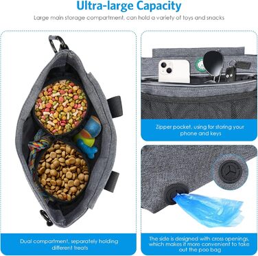 Сумка для ласощів для собак Brifit з магнітною застібкою, для тренувань, з регульованим шнурком, знімною внутрішньою кишенькою та дозатором для пакетів, 4 x 22 x 27 см