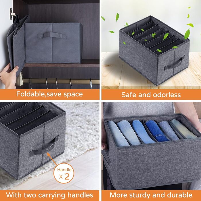 BIGLUFU 6-Piece Closet Organizer Fabric Folding Storage Boxes Set with 7 Compartments Drawer Organization System Storage for Clothes, T-shirts, Pants, Underwear, Jeans (9 Compartments)