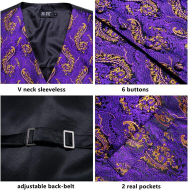 Костюмний жилет з краваткою Hi-Tie для чоловіків. Комплект з краваткою, краваткою-скрепкою та нагрудником. Ідеально для весілля, формальних заходів та смокінгу. Колір: фіолетовий та золотий.