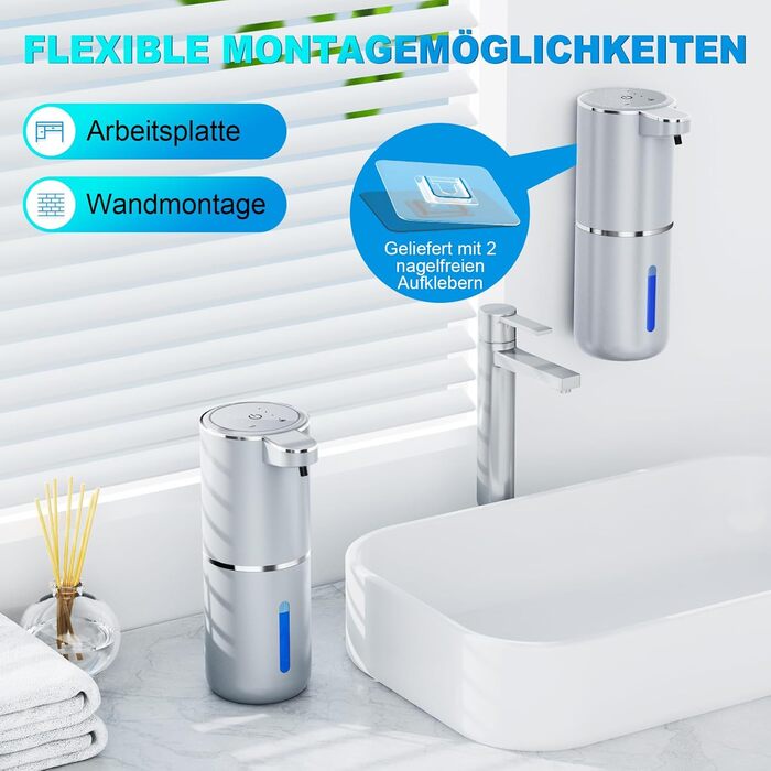 Amyzavls Automatic Soap Dispenser, 380ml Wall Mount Touchless Electric Soap Dispenser with Sensor, USB Rechargeable Foam Soap Dispenser for Bathroom, Kitchen, Office Silver