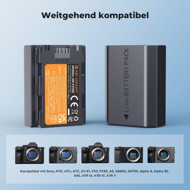 Акумулятори K&F Concept NP-FZ100 2600mAh (2 шт.) з зарядним пристроєм для Sony Alpha A7III, A7IV, A7R III, A7RIV, A7RV, A7C, A7S III, A9, A9II, A6600, A9R, FX3, FX30