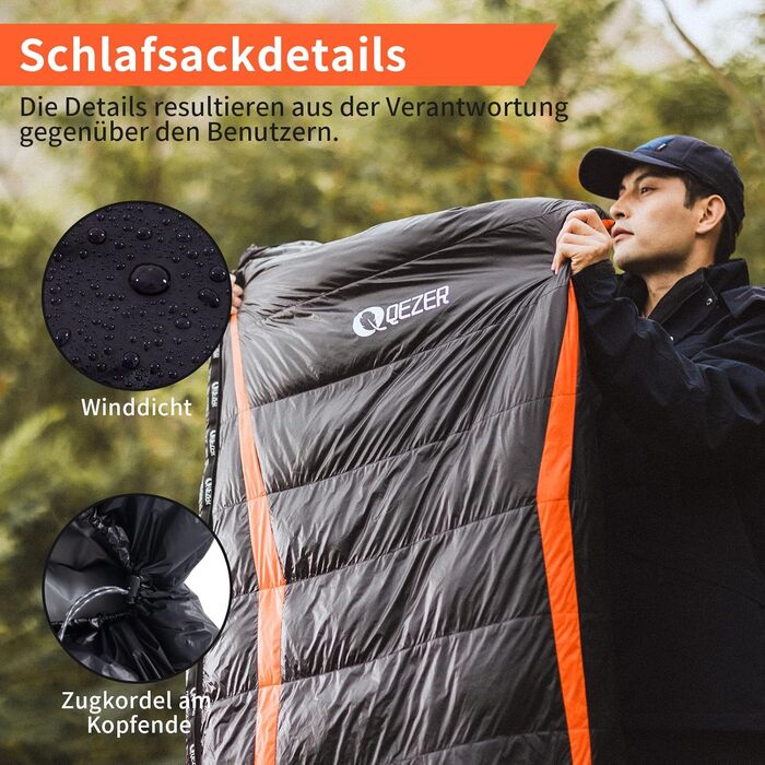 QEZER Ultralight Down Sleeping Bag - 8°C to -3°C for Camping, Hiking, and Trekking - 3 Season Sleeping Bag