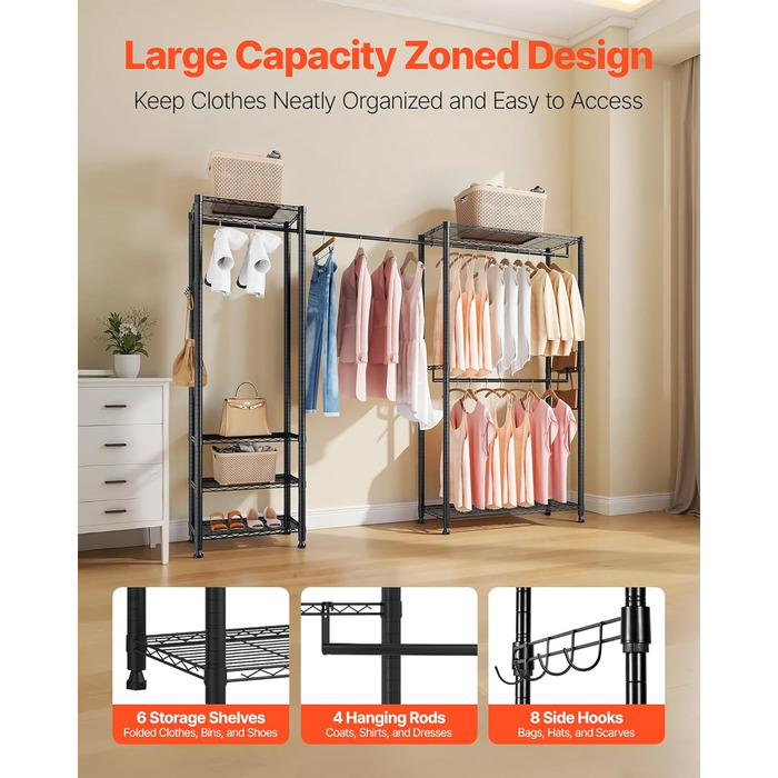 Вешалка для одягу VEVOR з 4 перекладинами, 8 гачками та 6 полицями, 385,5 кг вантажопідйомність, відкрита шафа для одягу